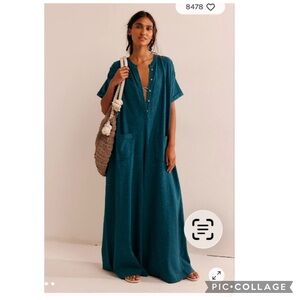 FREE PEOPLE BEACH TEAL MY GO-TO JUMPSUIT BUTTON FRONT EXTREME WIDE LEG